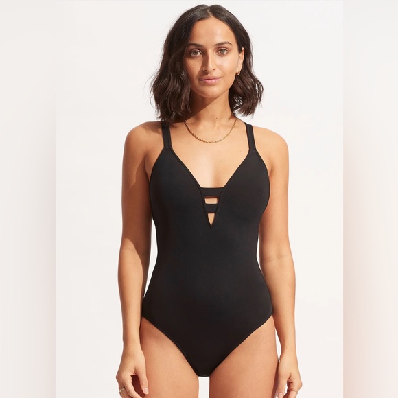 NWT Seafolly Collective Deep V One Piece Swimsuit Sz10- Black
